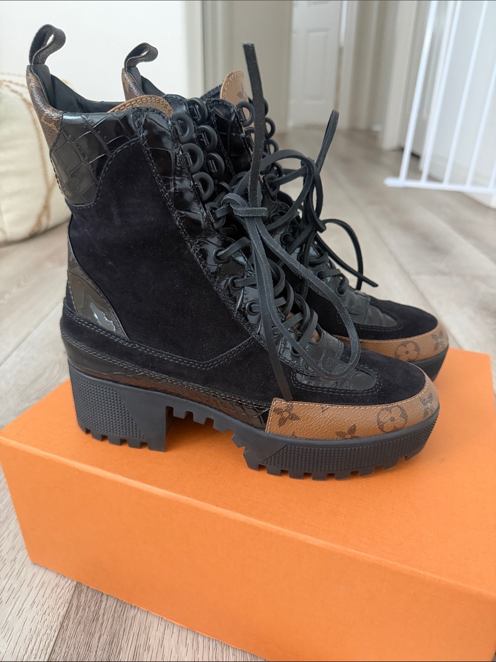 Louis Vuitton Women's Laureate Platform Desert Boots Suede with Monogram Canvas